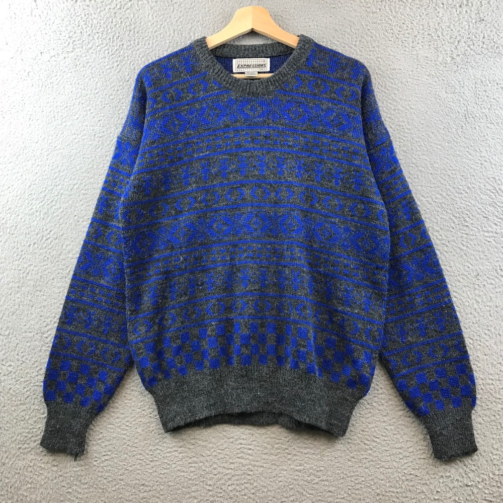 Vintage Expressions Sweater Blue Gray Patterned Knit Pullover Men's Large‎